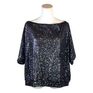 Venus Black Sequin Batwing Top XL Sparkly Semi-Sheer Party Blouse Glam